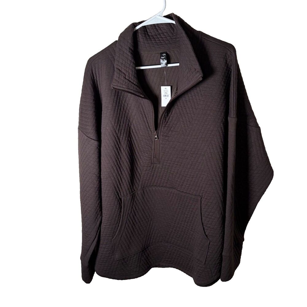Gap Fit Sweatshirt Women's XL Quilted Jacquard 1/4 Zip Brown Pullover Oversized